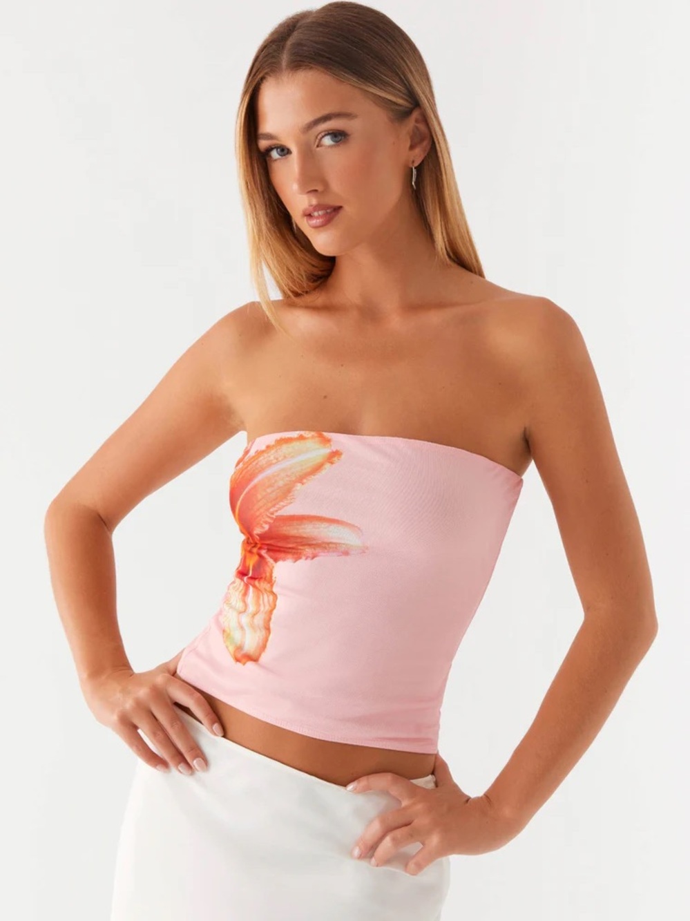 Glassons Pink Strapless Tube Top with Orange Floral Detail